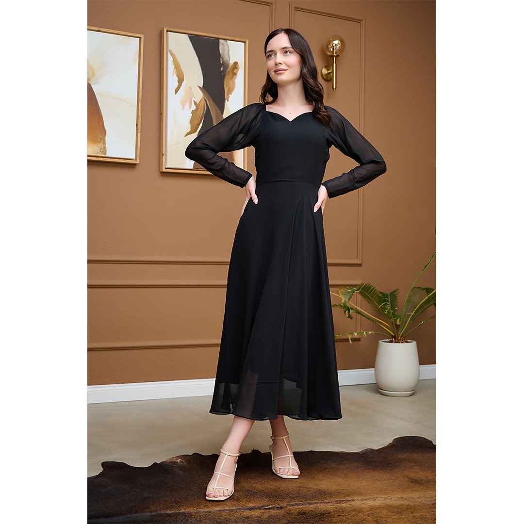 midi black dress with sheer sleeves Sheer Mesh Midi Dress With Abstract Print And Layered Slip by Modenaire