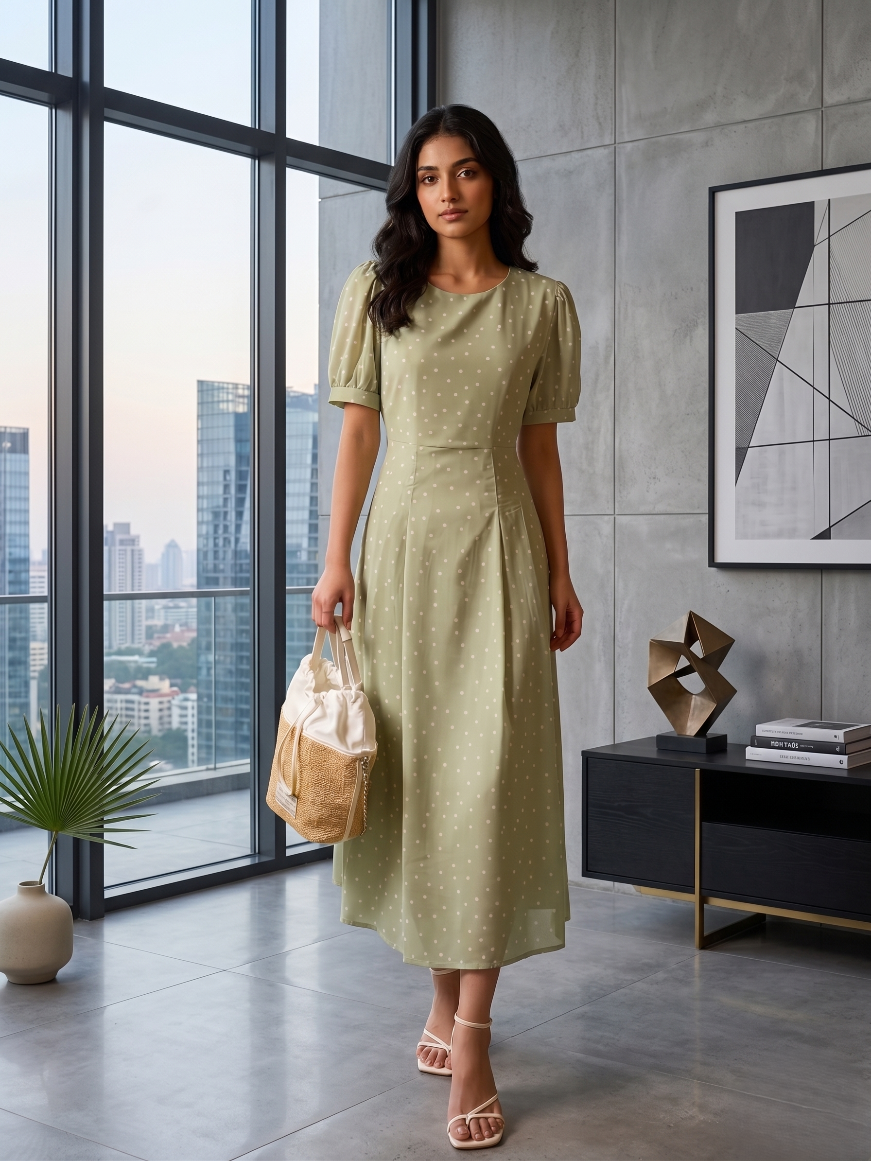 Sage Green Minimal Midi Dress with Elegant Casual Style S