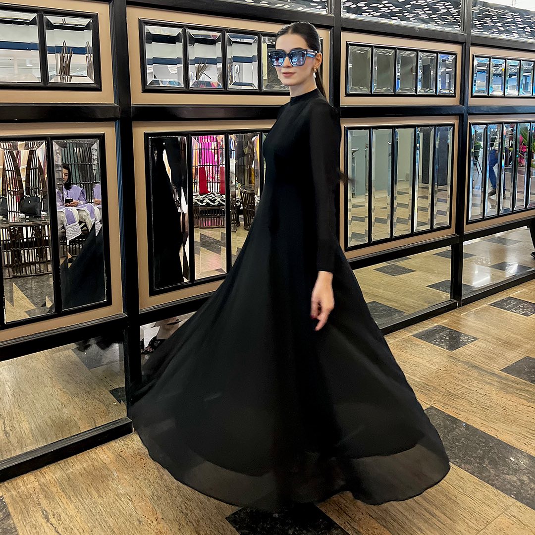 Black Georgette Maxi Dress with High Mock Neck and Sheer Full Sleeves Black / L