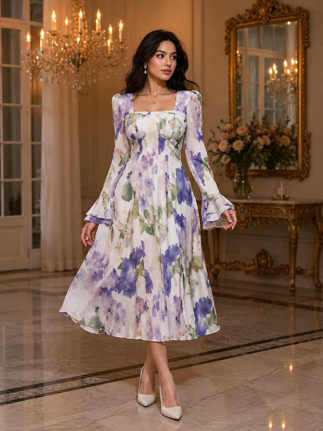 White and Lavender Floral Midi Dress with Elegant Style M