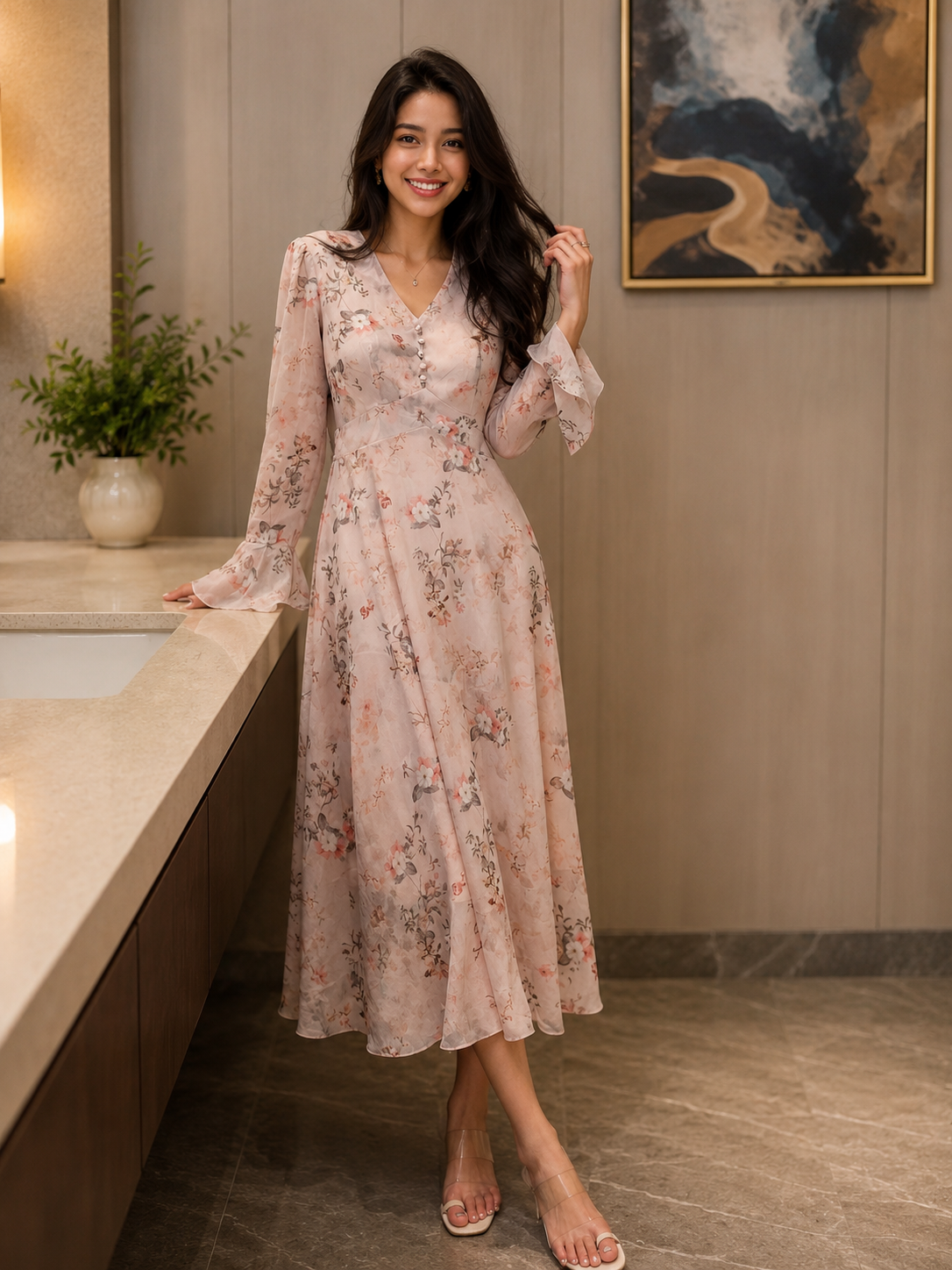 Lavender Floral Maxi Dress with Soft Korean Style Elegance XL