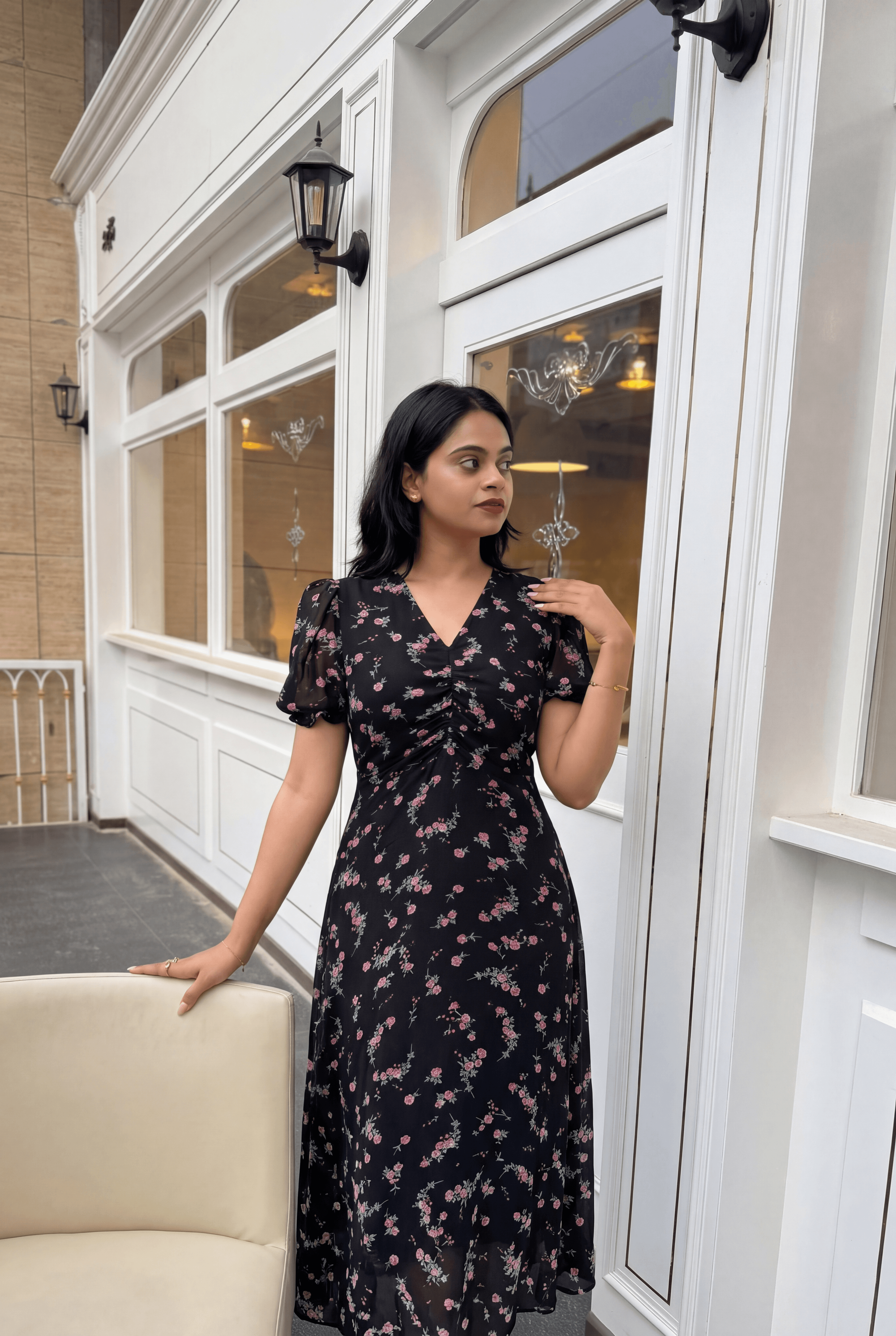 Women Black Dress with Mini Pink Floral Design Elegant Contrast Stylin