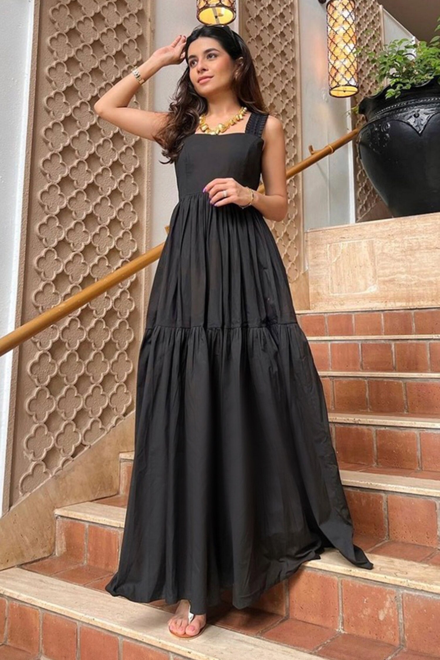 Black Lycra Cotton Ruffle Square Neck Maxi Dress for Women Black / S