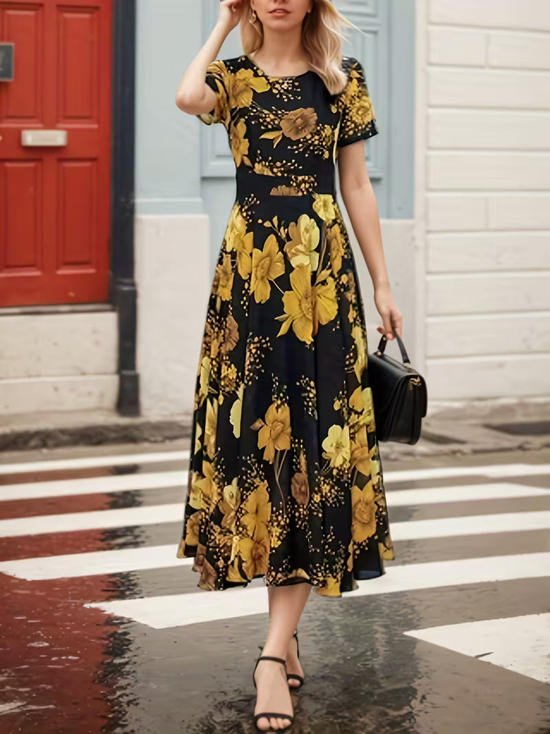 Women's Vintage Floral A-Line Midi Dress - Black & Mustard Gold