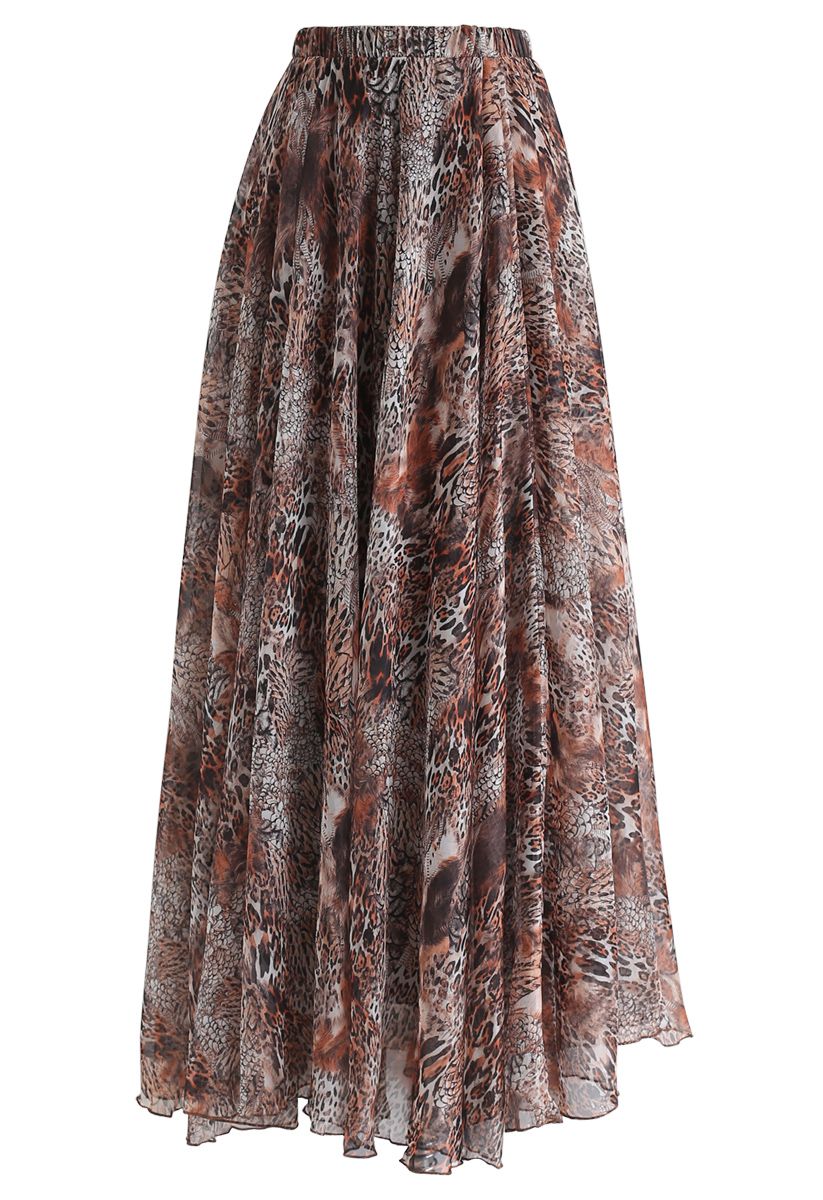 Earthy Wild Safari Print Flared Maxi Skirt