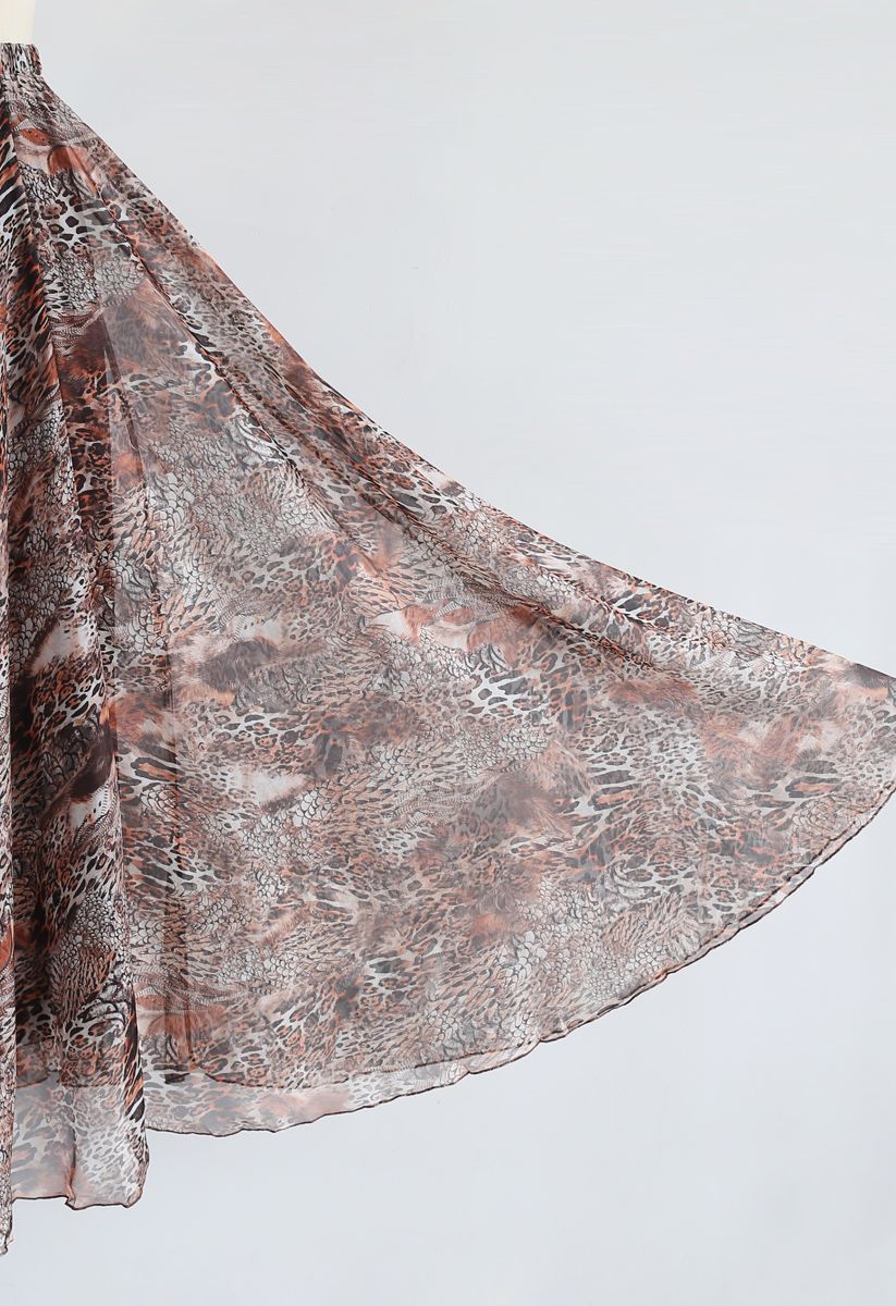 Earthy Wild Safari Print Flared Maxi Skirt