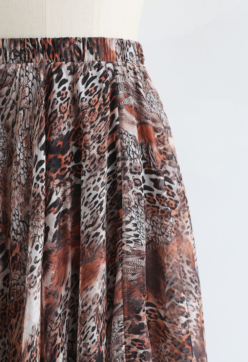 Earthy Wild Safari Print Flared Maxi Skirt