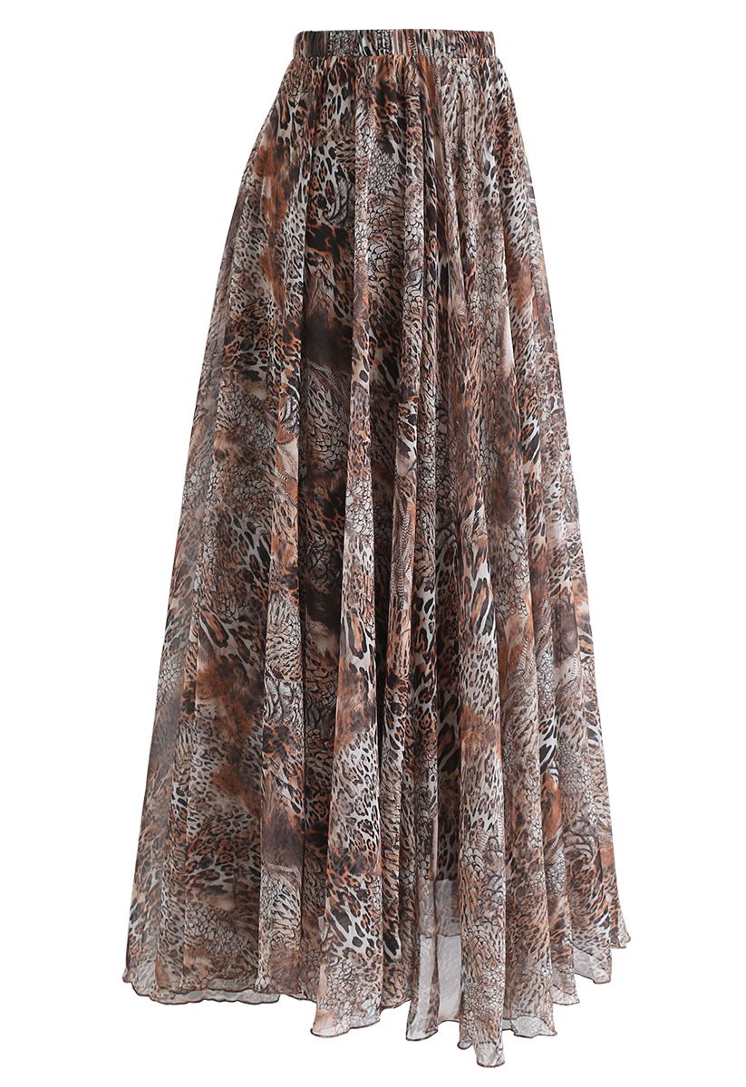 Earthy Wild Safari Print Flared Maxi Skirt