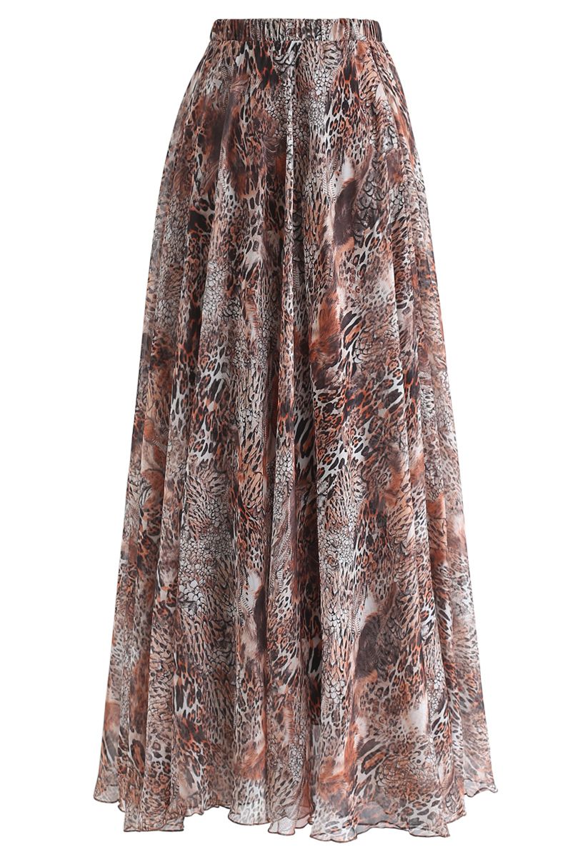 Earthy Wild Safari Print Flared Maxi Skirt