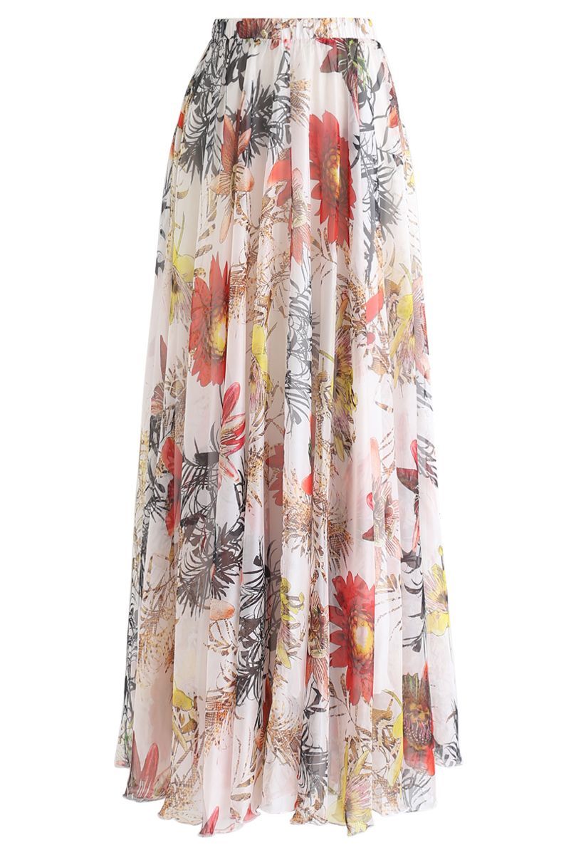 Ivory Bloom Tropical Floral Print Flared Maxi Skirt