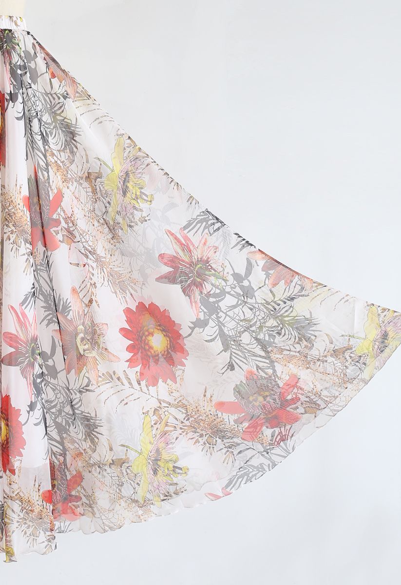 Ivory Bloom Tropical Floral Print Flared Maxi Skirt