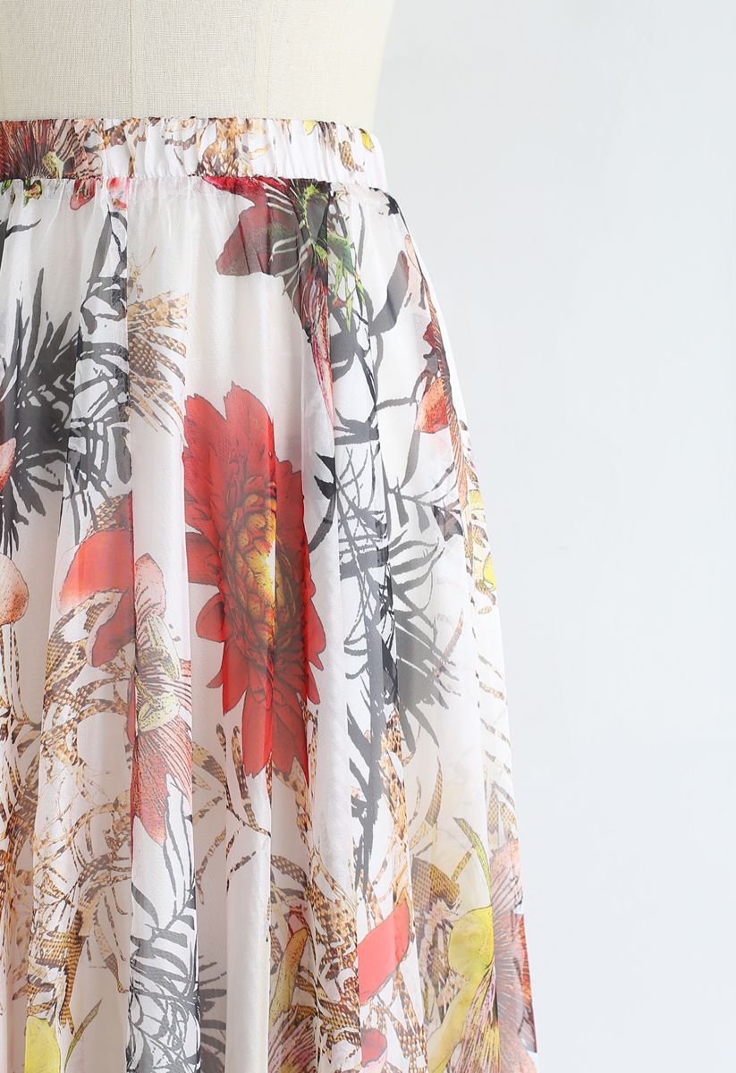 Ivory Bloom Tropical Floral Print Flared Maxi Skirt