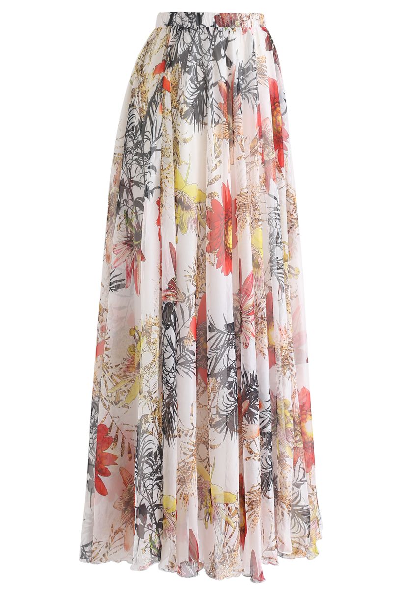 Ivory Bloom Tropical Floral Print Flared Maxi Skirt