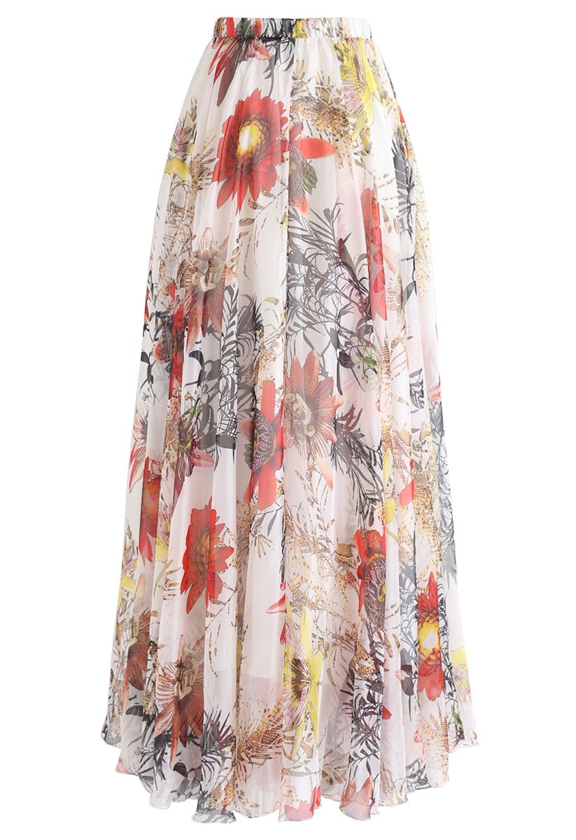 Ivory Bloom Tropical Floral Print Flared Maxi Skirt