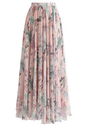 Blush Meadow Pastel Floral Print Flared Maxi Skirt