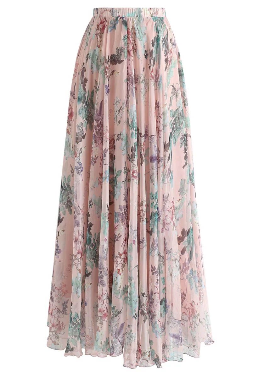 Blush Meadow Pastel Floral Print Flared Maxi Skirt