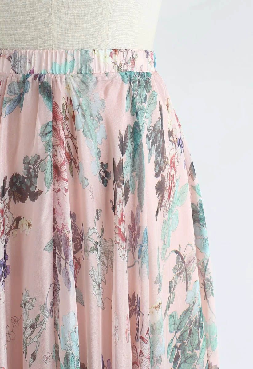 Blush Meadow Pastel Floral Print Flared Maxi Skirt