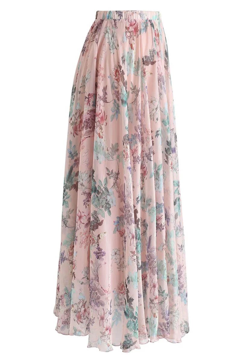 Blush Meadow Pastel Floral Print Flared Maxi Skirt