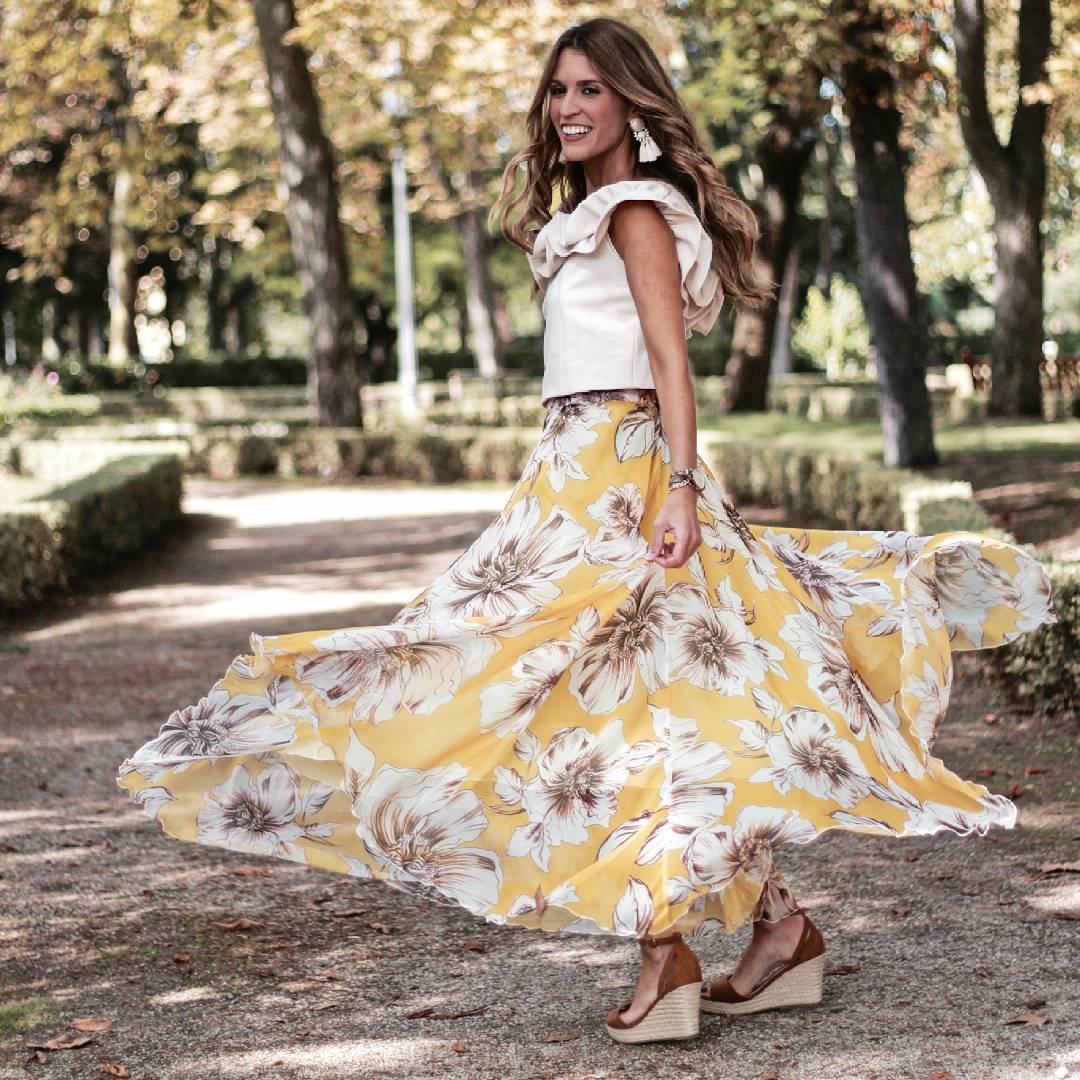 Yellow Floral Printed Chiffon Maxi Skirt