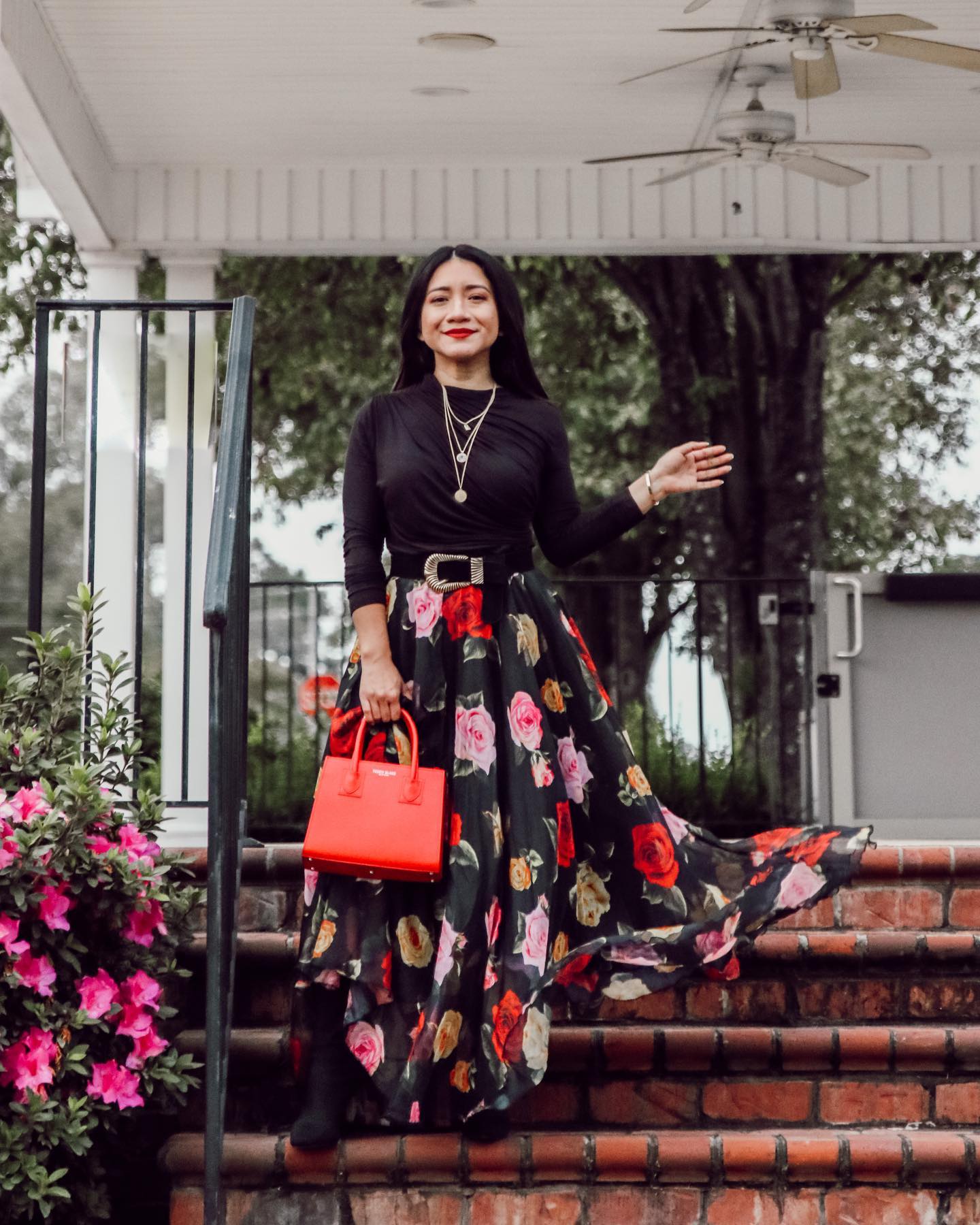 Romantic Rose Floral Black Georgette Long Skirt