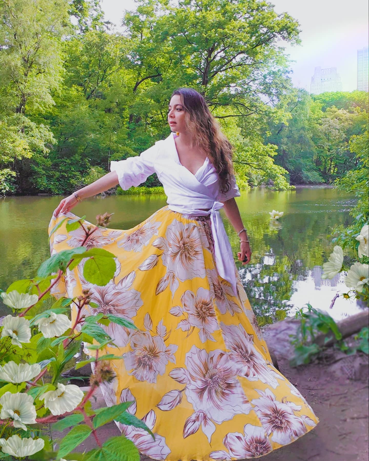 Yellow Floral Printed Chiffon Maxi Skirt