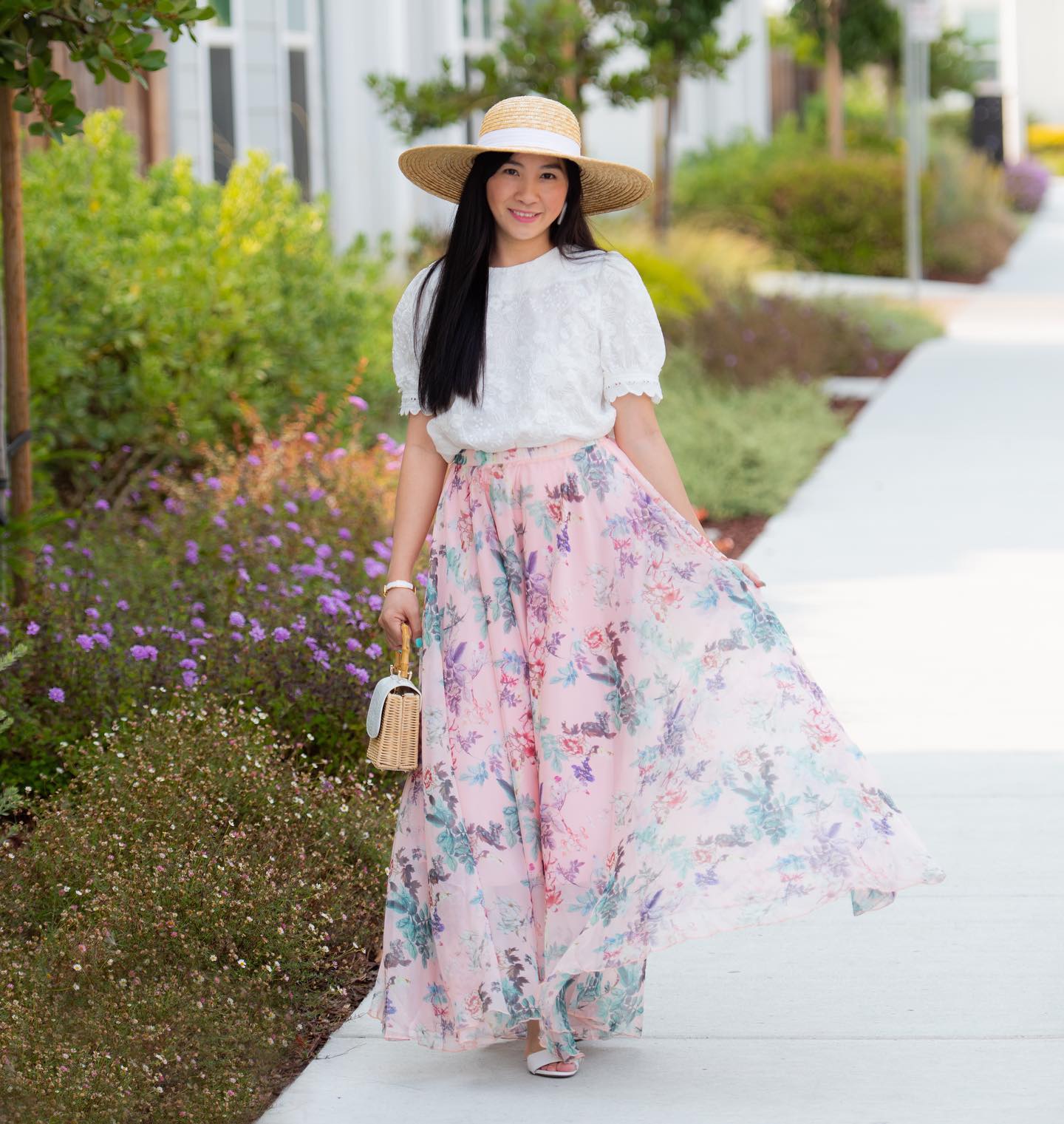 Blush Meadow Pastel Floral Print Flared Maxi Skirt