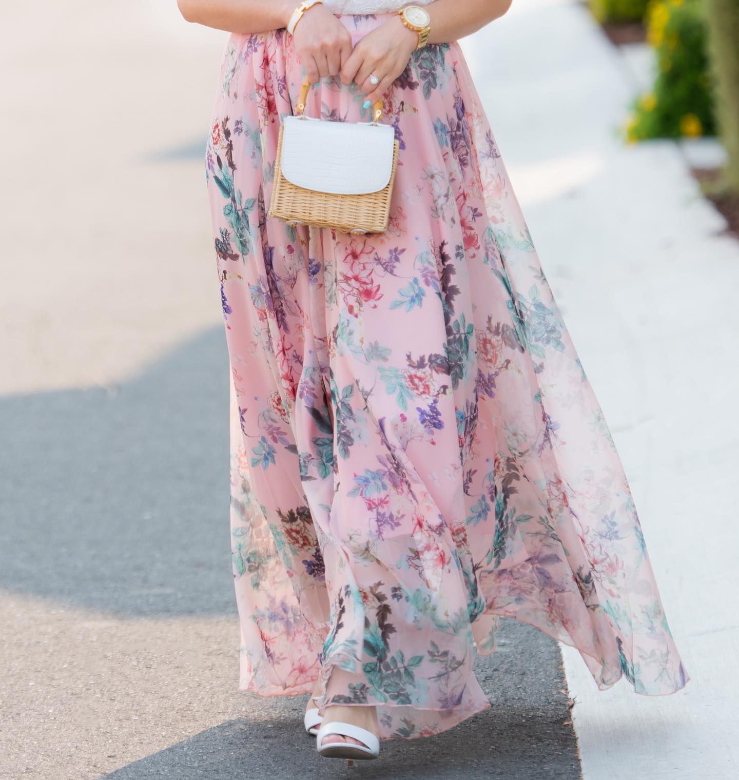 Blush Meadow Pastel Floral Print Flared Maxi Skirt