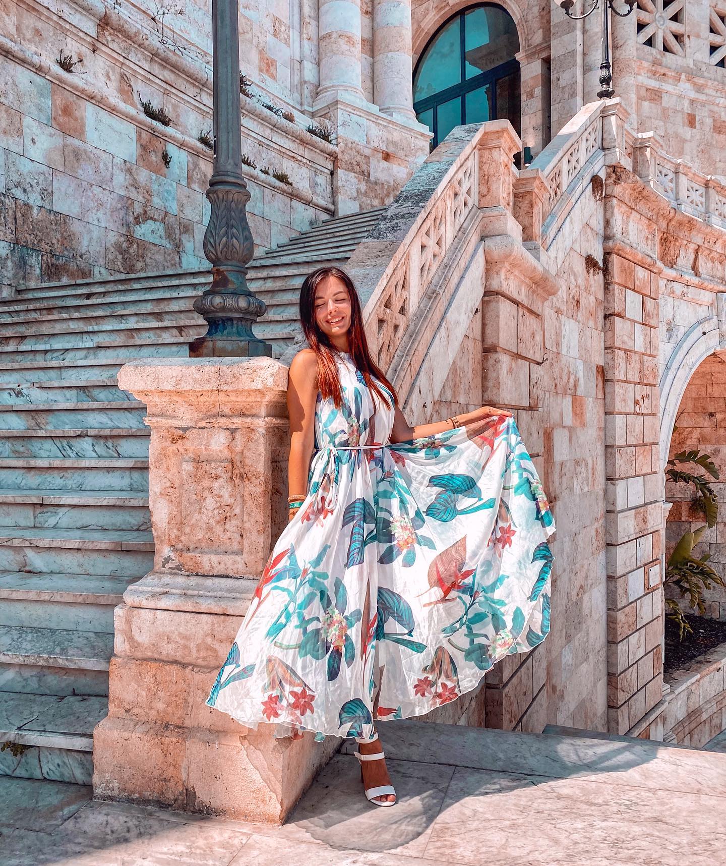 Ivory Tropical Botanical Leaf Printed Poly Chiffon Maxi Dress with Halter Neckline