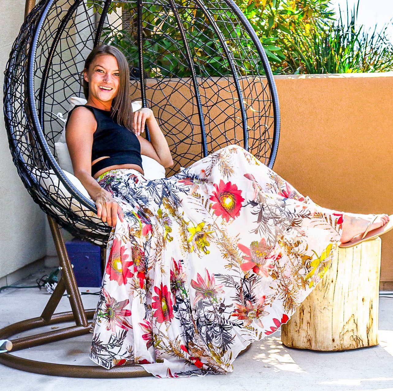 Ivory Bloom Tropical Floral Print Flared Maxi Skirt