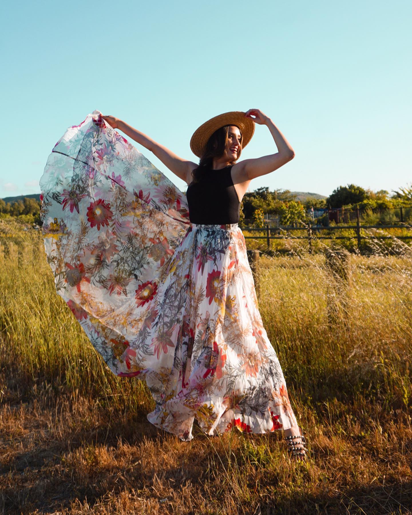 Ivory Bloom Tropical Floral Print Flared Maxi Skirt