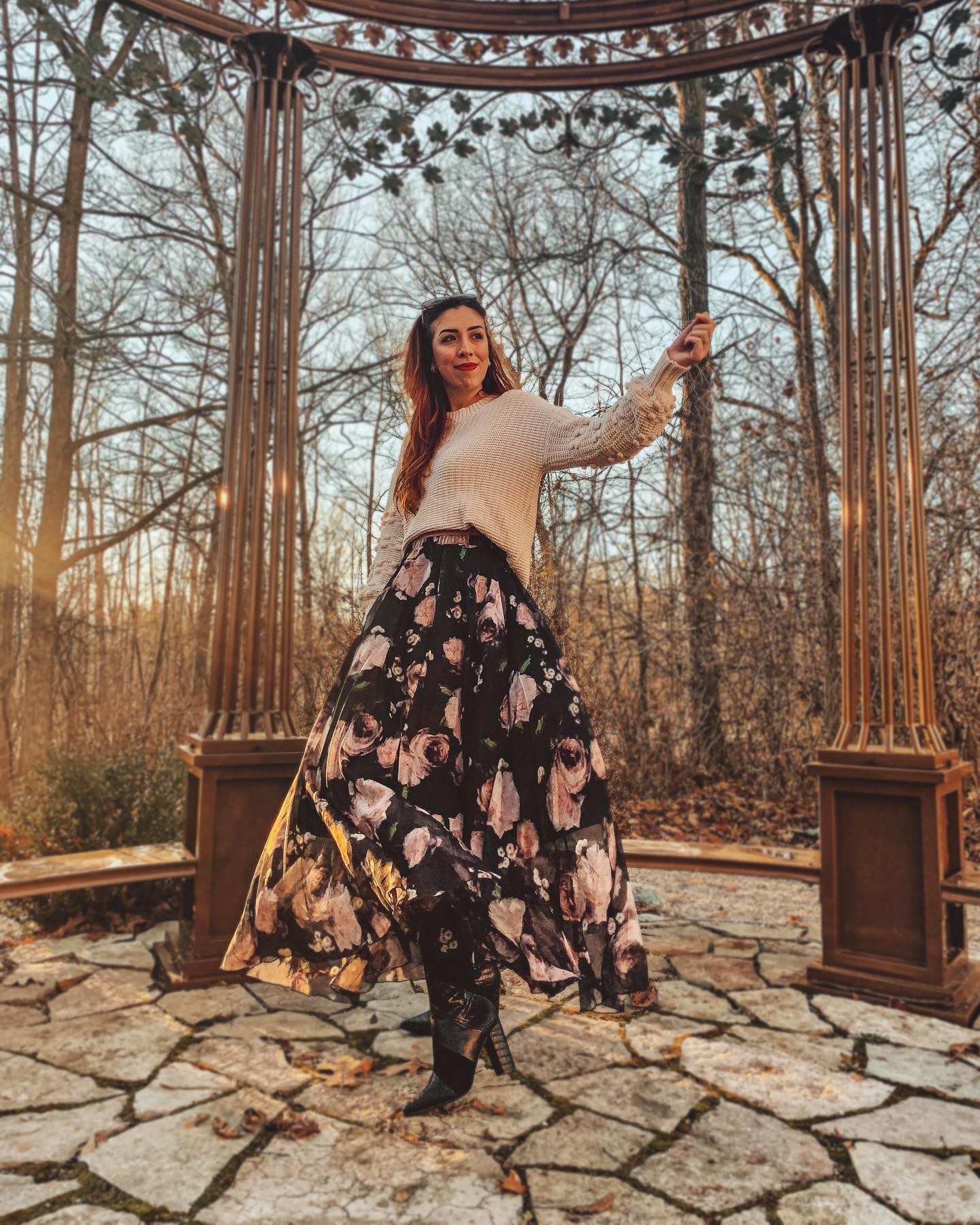 Vintage Rose Print Chiffon Maxi Skirt in Black
