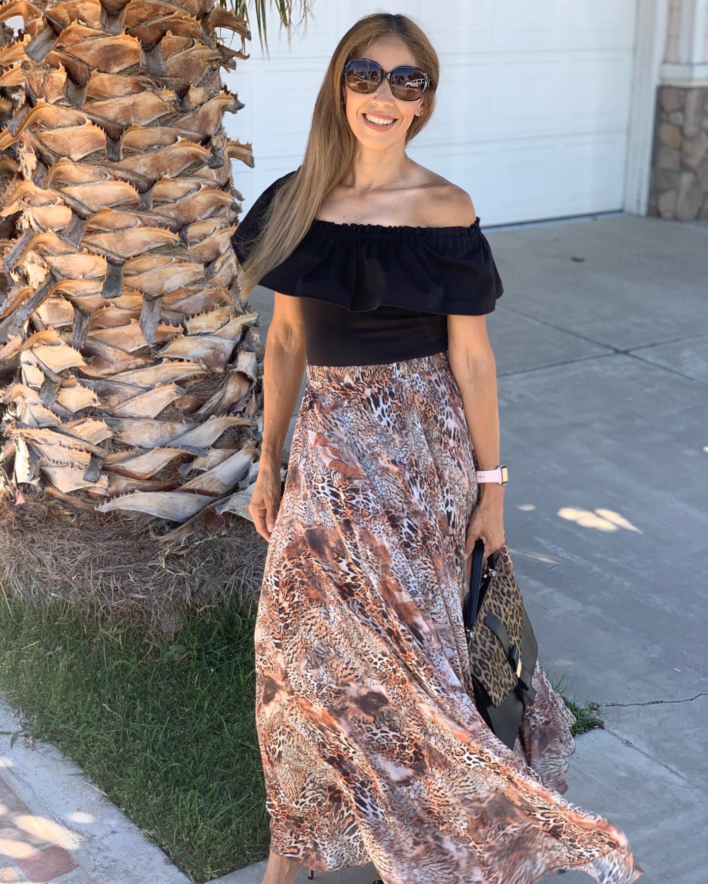 Earthy Wild Safari Print Flared Maxi Skirt