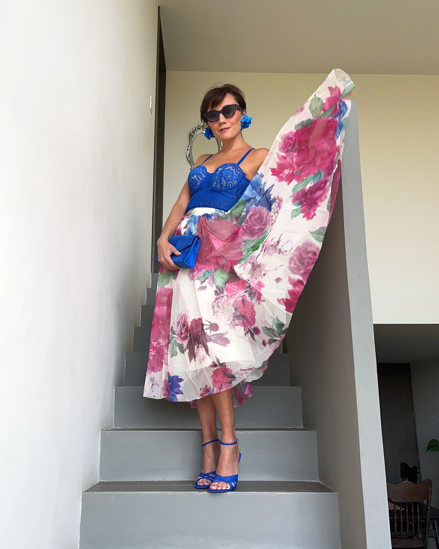 Luxury Women’s Multicolor Floral Print Mesh Midi Skirt with High Waist Elastic Band Soft Sheer Overlay and Elegant A Line Flow for Party Casual & Occasion Wear