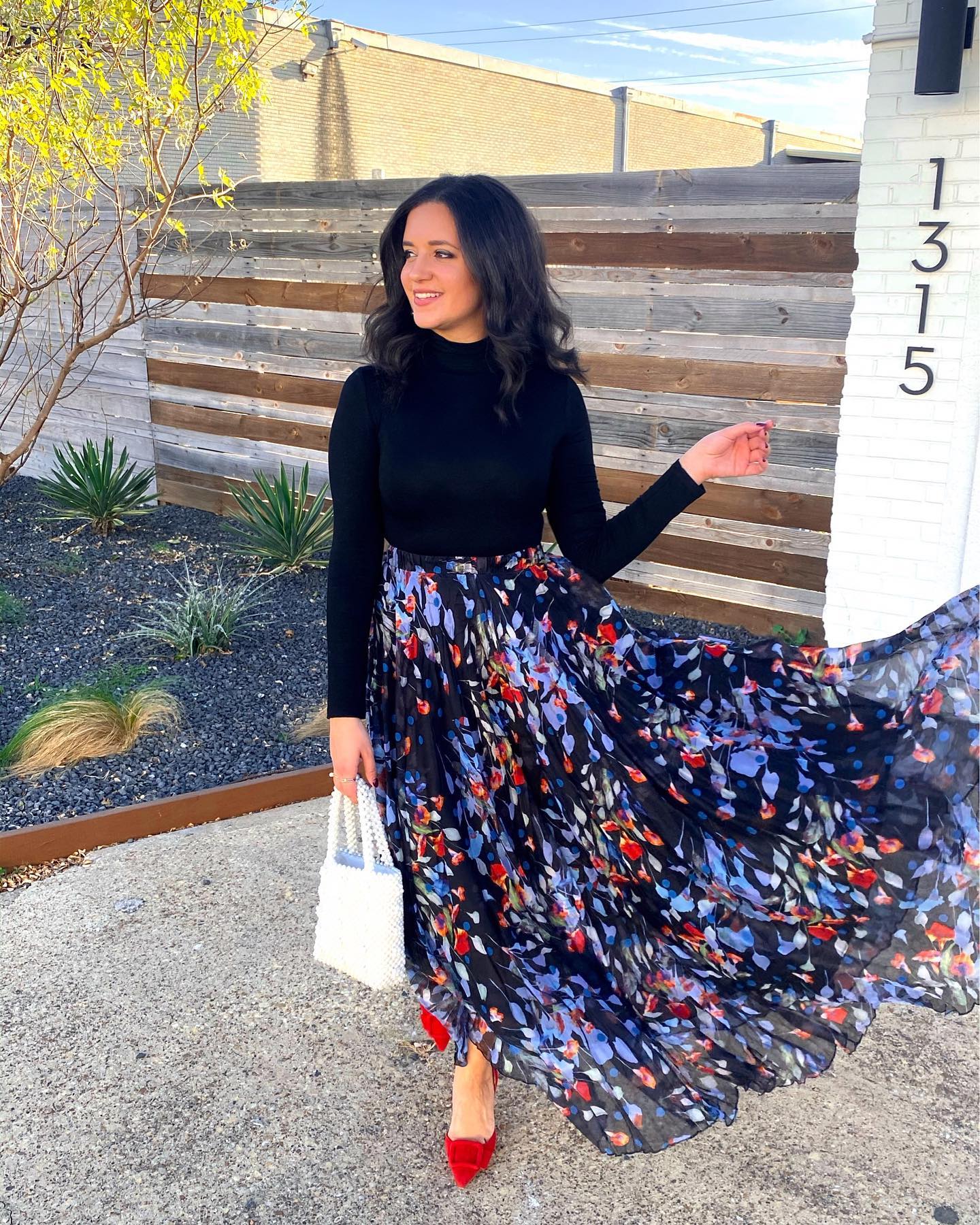 Black Floral Polka Print Chiffon Party Wear Maxi Skirt