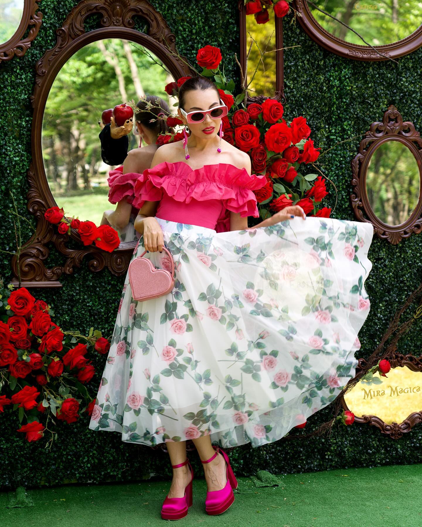 Women Rose Floral Mesh Midi Skirt  High Waist Flared Skirt