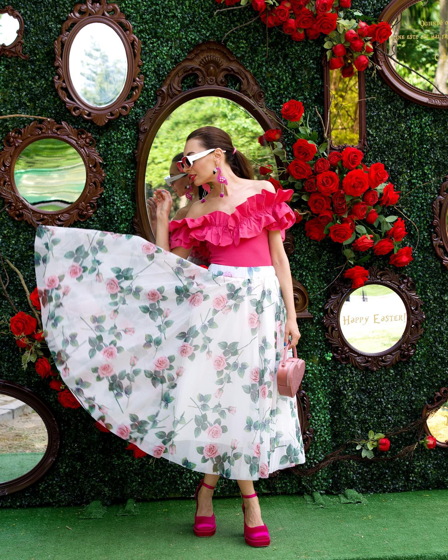 Women Rose Floral Mesh Midi Skirt  High Waist Flared Skirt