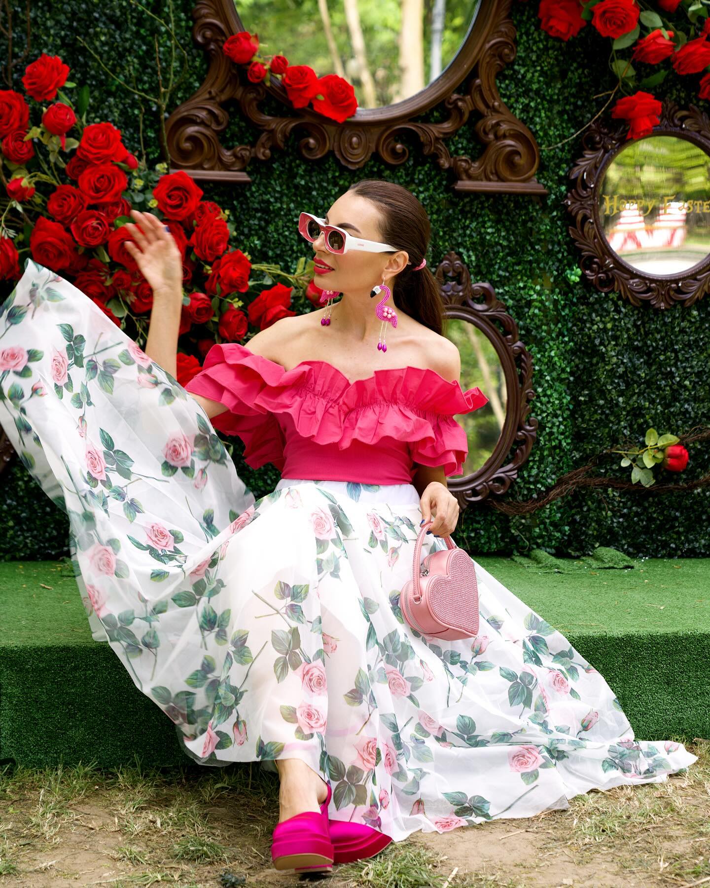 Women Rose Floral Mesh Midi Skirt  High Waist Flared Skirt