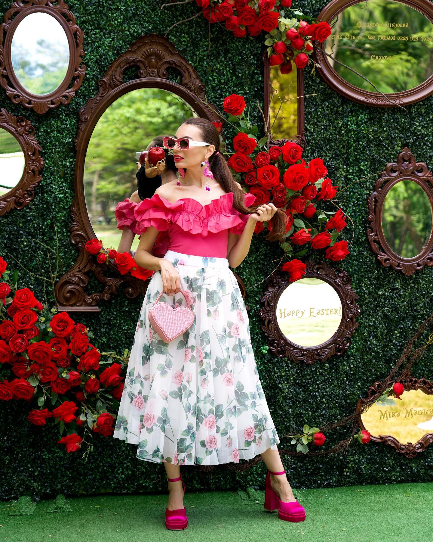 Women Rose Floral Mesh Midi Skirt  High Waist Flared Skirt