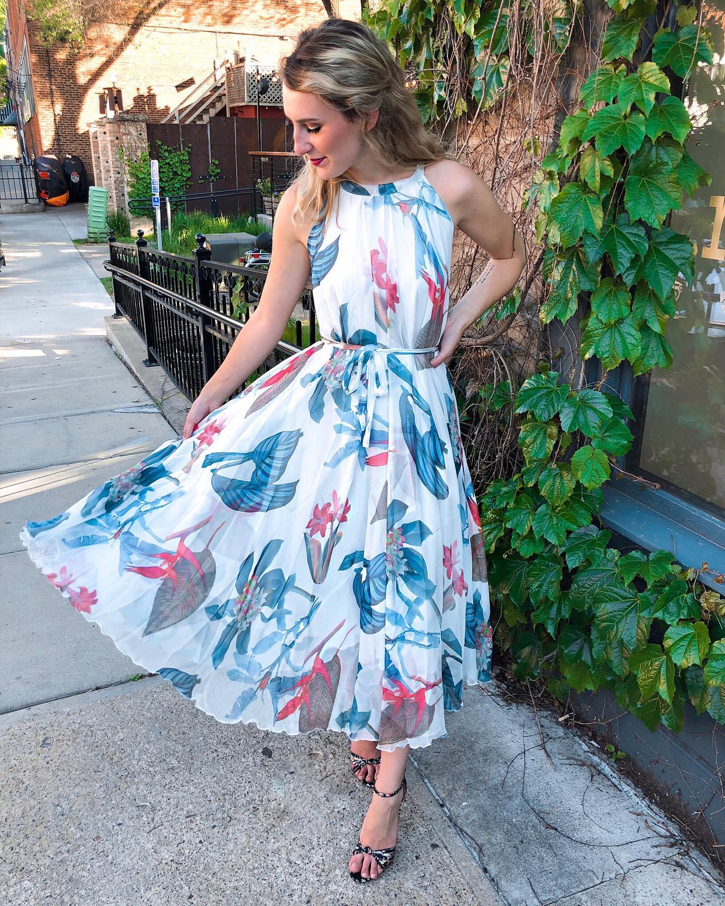 Ivory Tropical Botanical Leaf Printed Poly Chiffon Maxi Dress with Halter Neckline