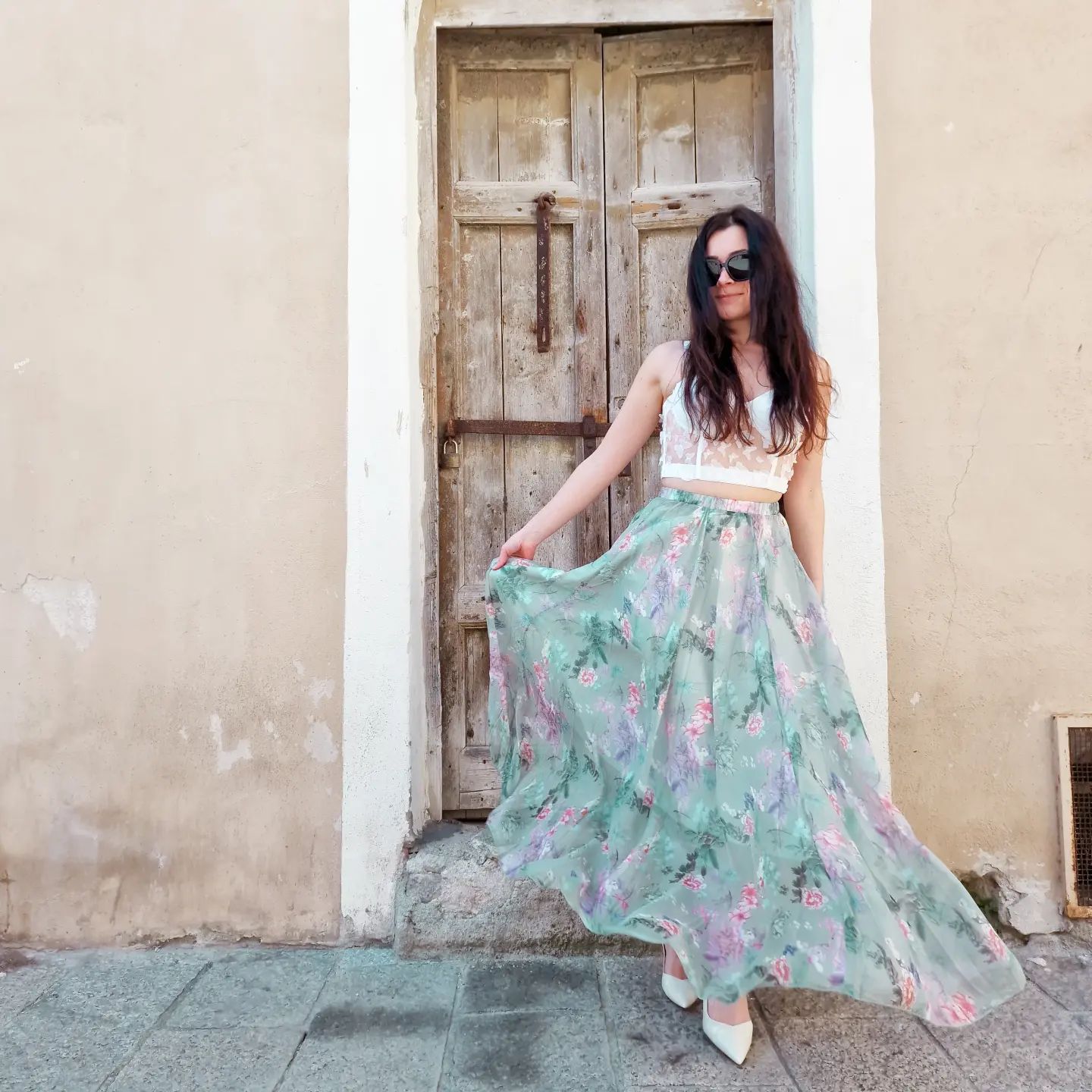 Women Sage Mist Floral Printed Maxi Skirt with Soft Pastel Shades Lightweight Flow and Comfortable Flared Silhouette