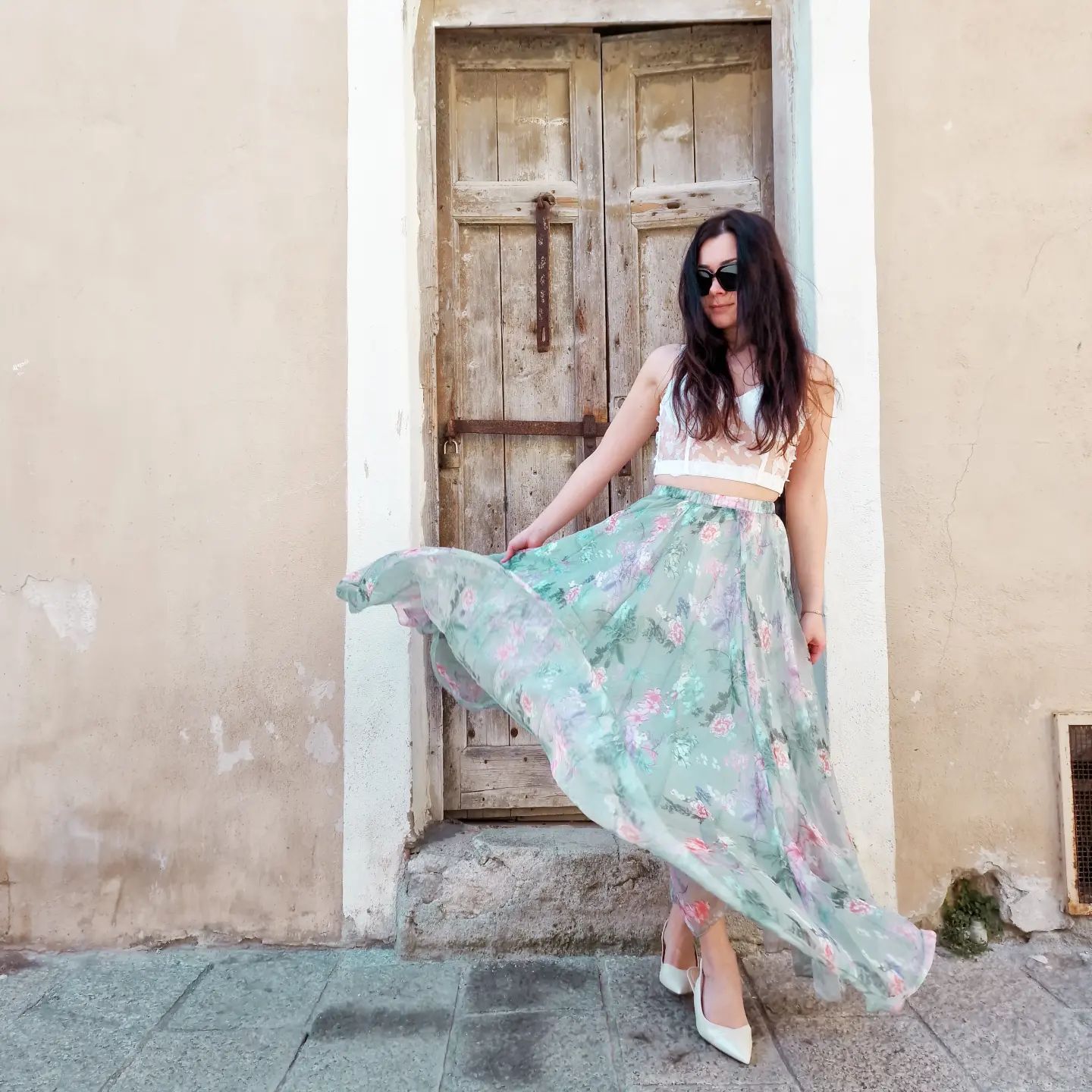 Women Sage Mist Floral Printed Maxi Skirt with Soft Pastel Shades Lightweight Flow and Comfortable Flared Silhouette