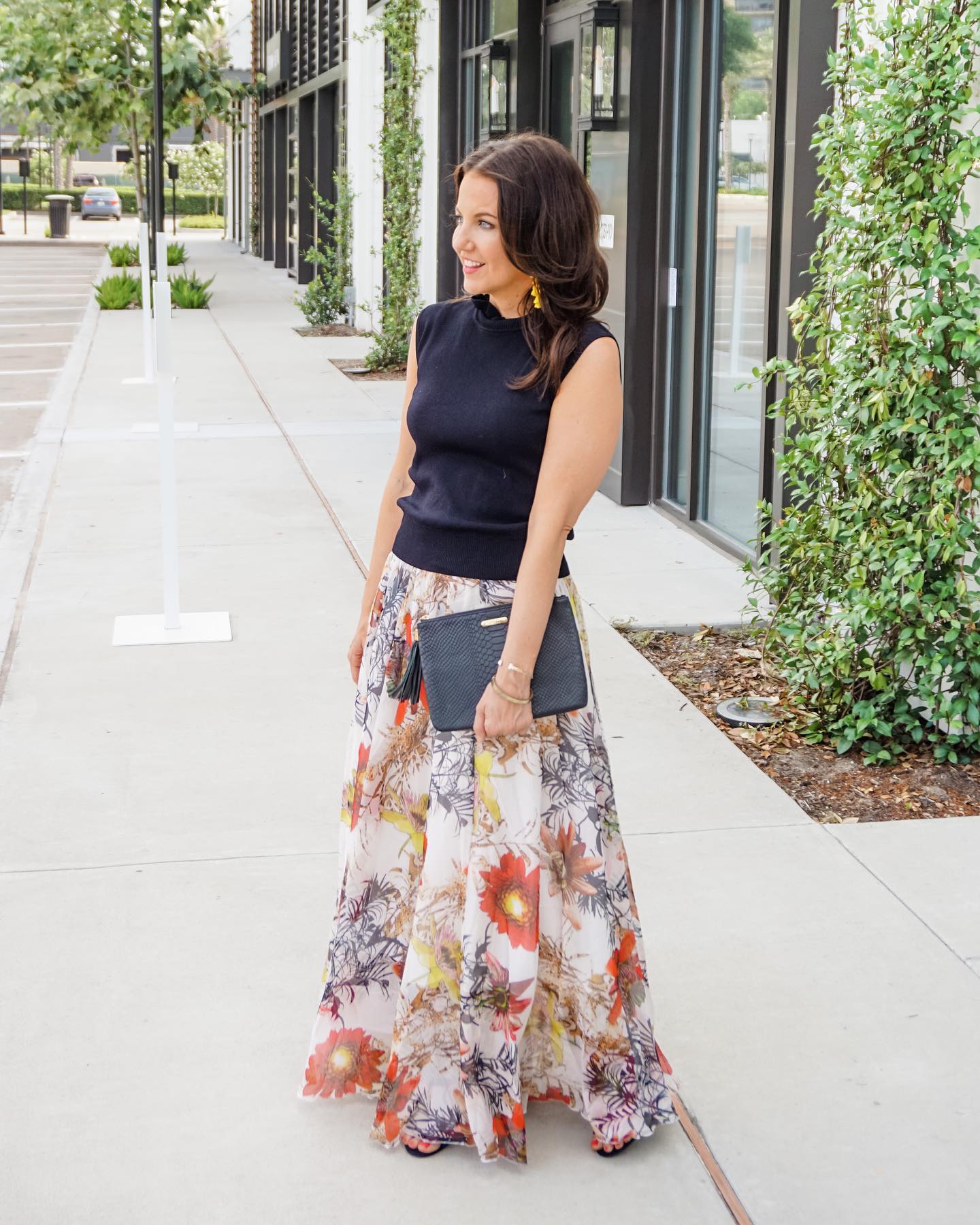 Ivory Bloom Tropical Floral Print Flared Maxi Skirt