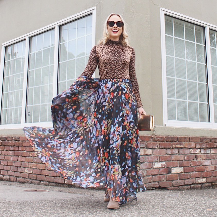 Black Floral Polka Print Chiffon Party Wear Maxi Skirt