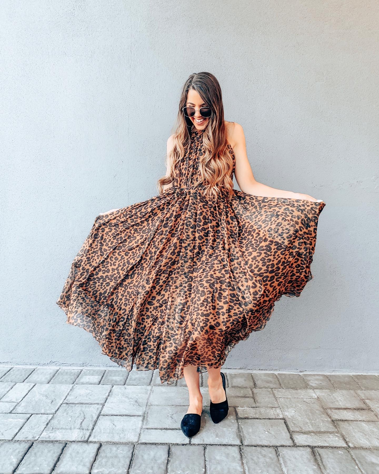 Brown Leopard Printed Poly Chiffon Maxi Dress with Halter Neckline, Waist Tie Detail & Flowing Silhouette for Resort Wear, Brunch & Evening Occasions