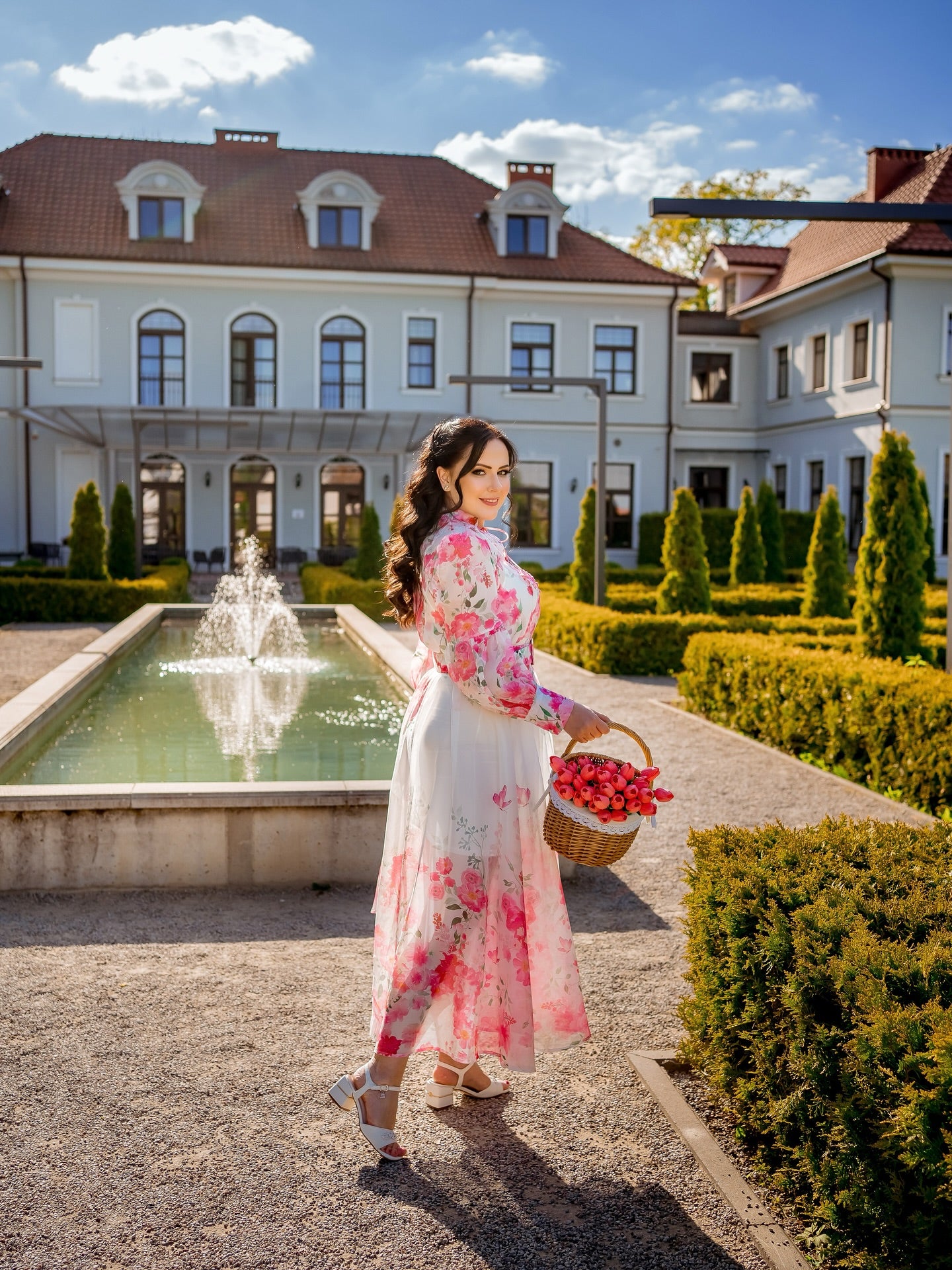 Ivory Pink Rose Garden Floral Printed Belted Maxi Dress with High Neck & Ruffle Detailing