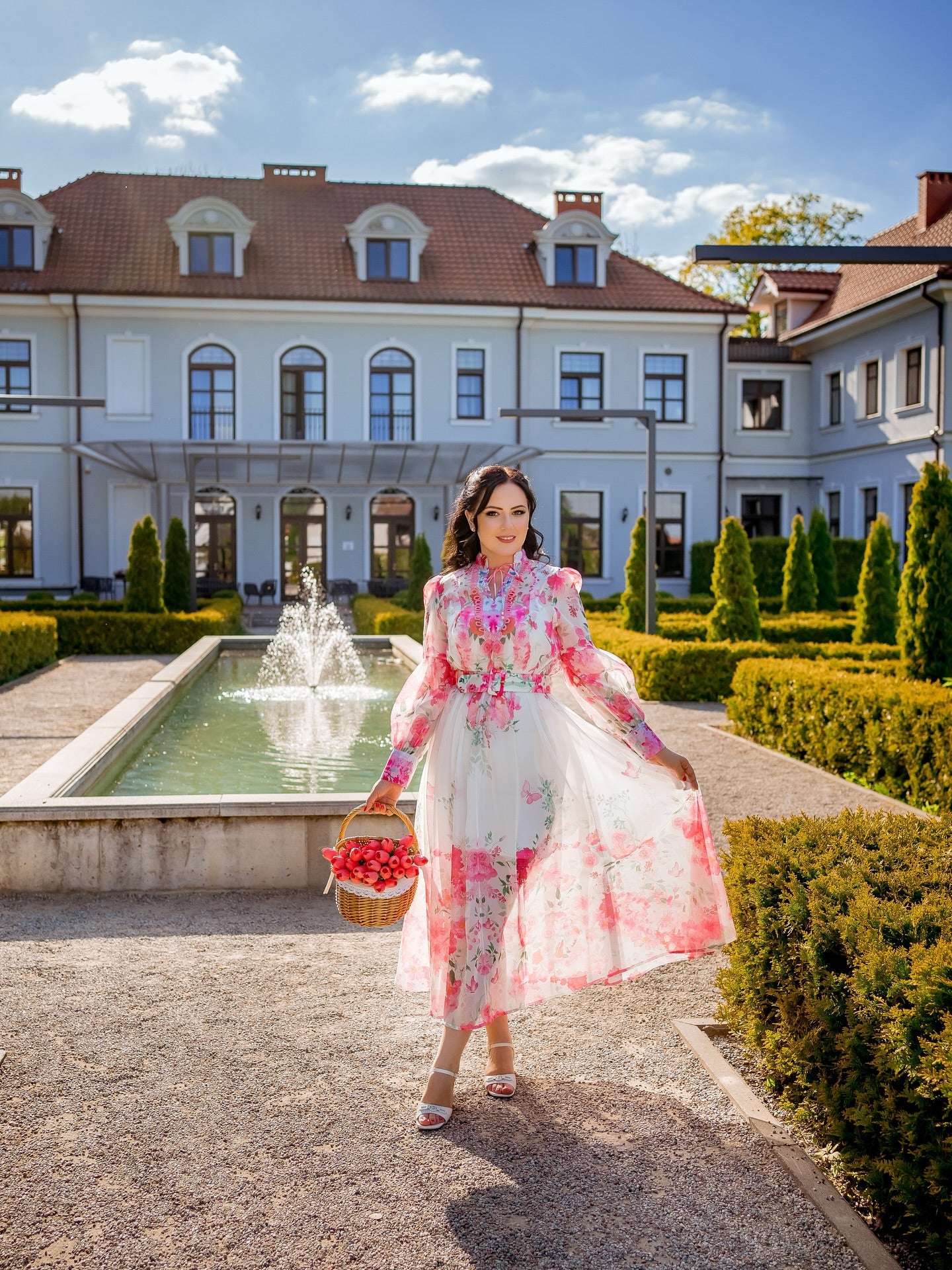 Ivory Pink Rose Garden Floral Printed Belted Maxi Dress with High Neck & Ruffle Detailing
