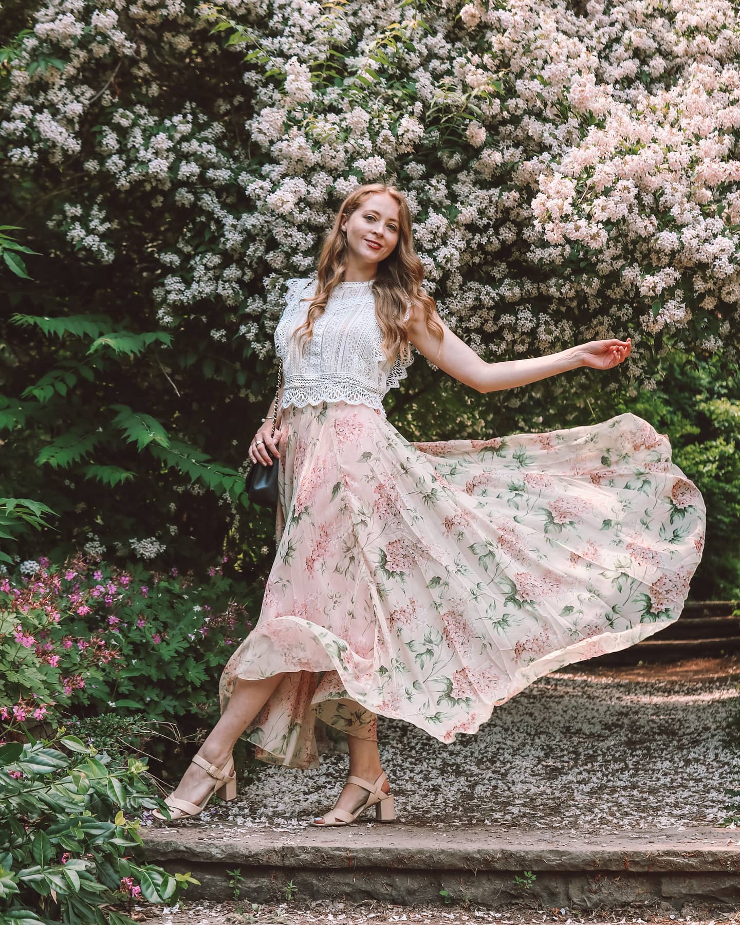 Bohemian High Waisted Flowy Chiffon Skirt  Vintage Lilac Print