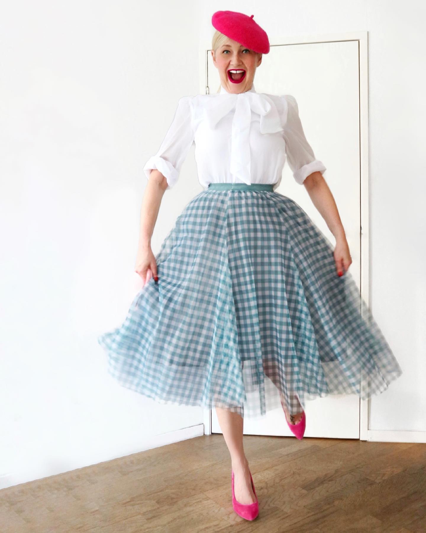 Women’s Elegant Gingham Check Mesh Overlay Midi Skirt High Waist Flared A LIne Skirt