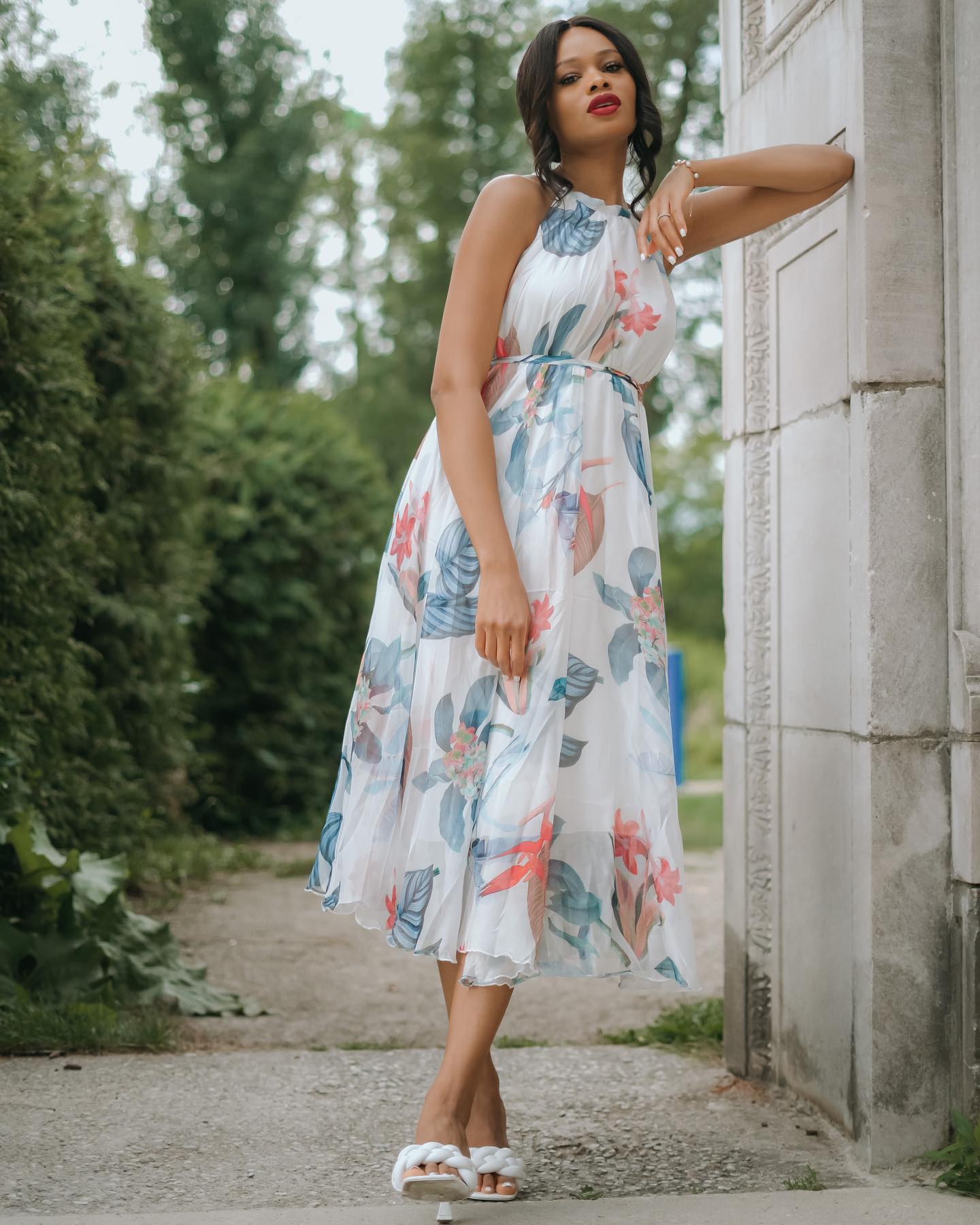 Ivory Tropical Botanical Leaf Printed Poly Chiffon Maxi Dress with Halter Neckline