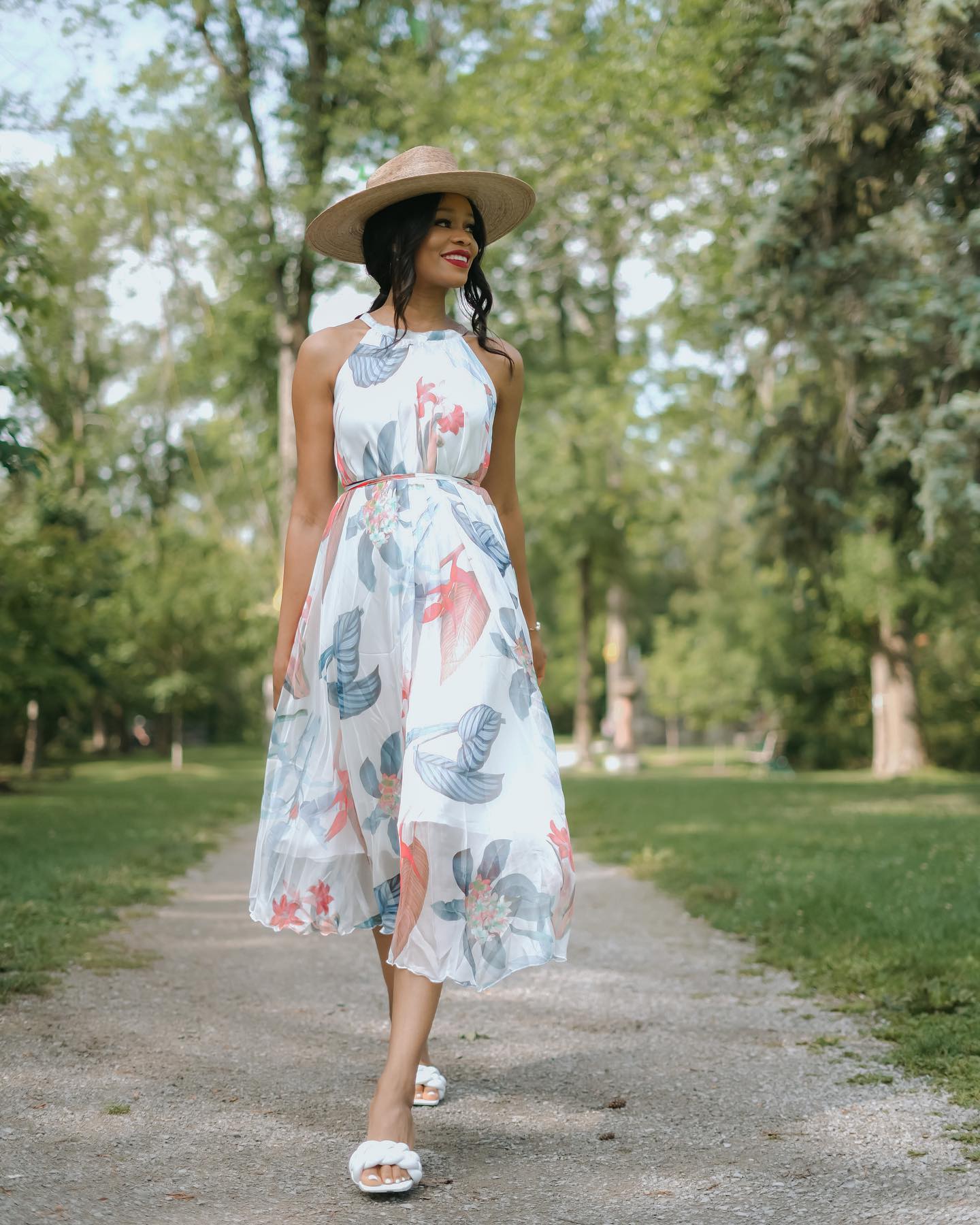 Ivory Tropical Botanical Leaf Printed Poly Chiffon Maxi Dress with Halter Neckline